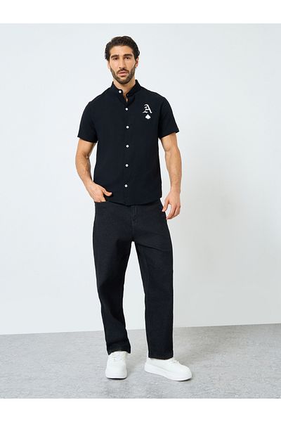Styli Black Graphic Print Mandarin Collar Shirt