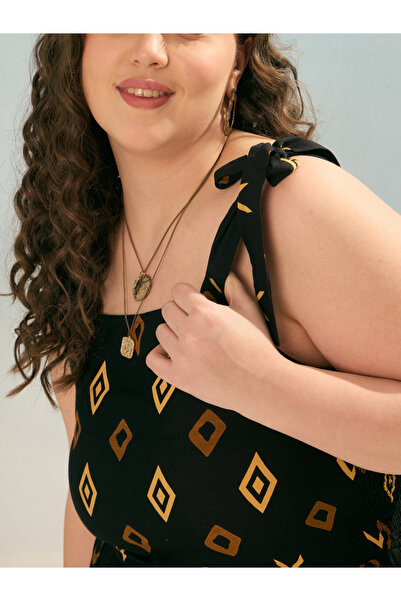 Sassafras By Styli Plus Black Geometric Tie Up Tiered Maxi Dress