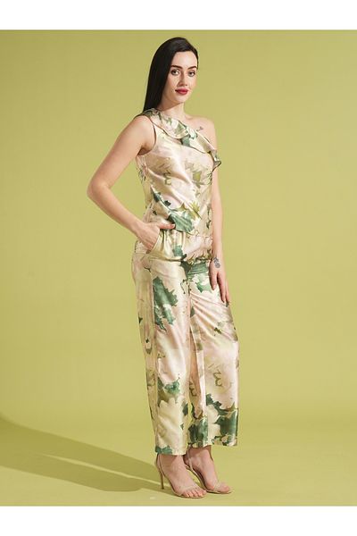 Globus By Styli Satin Floral Print Ruffled Top and Trousers Co-Ords