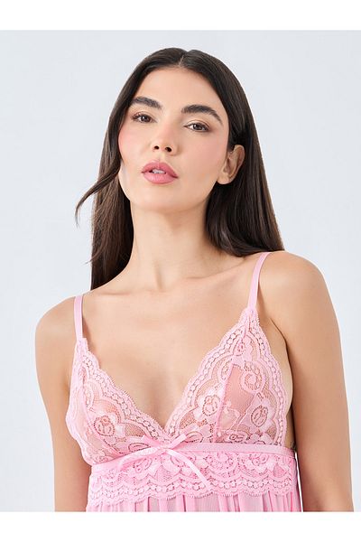 Styli Lace Panel Handkerchief Hem Babydoll with Thong