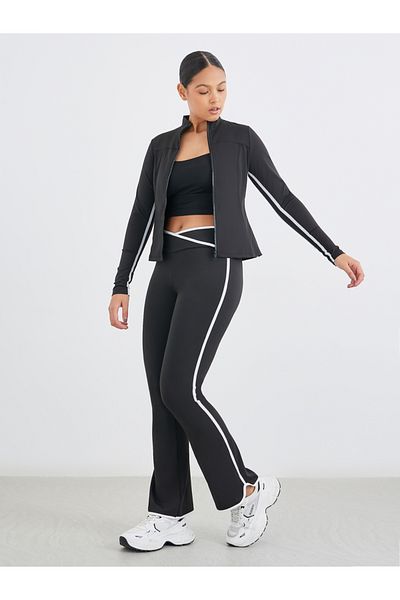 Styli Contrast Dual Striped Zip-Up Jacket and Flared Leggings Set
