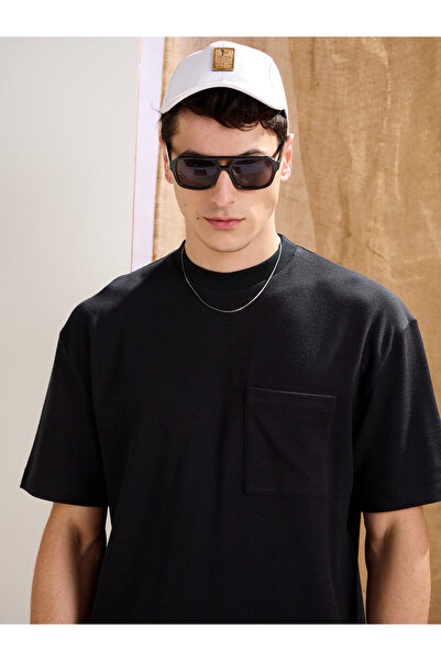 Mascln Sassafras By Styli Black Waffle Knit Front Pocket Oversized T-Shirt