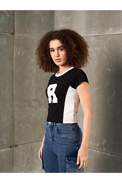 Sassafras By Styli Black Contrast Panel Initial Print Fitted T-Shirt