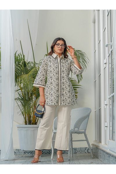 DW By Styli Floral Embroidered Shirt Collar Pure Cotton Tunic and Trousers Co-Ords