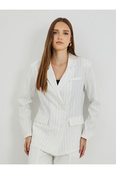 Styli Stripes Notch Label Button Up Blazer