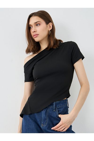 Styli Black Asymmetric Neck Fitted T-Shirt