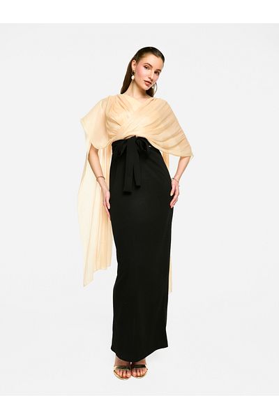 House of Moda By Styli Cape Overlay Sleeve Two-Tone Maxi Dress