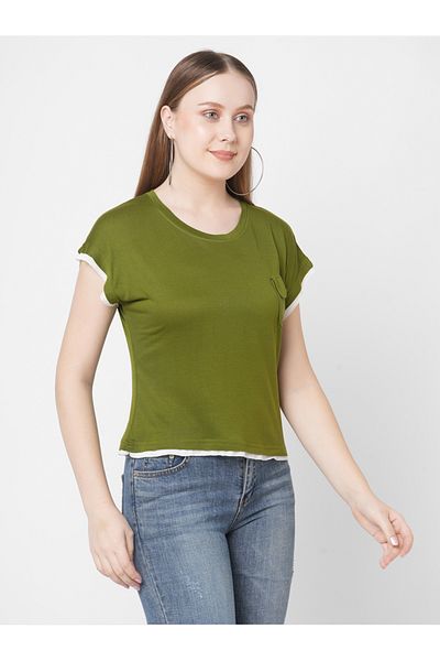 Mish By Styli Women Olive Contrast Trim Short Sleeve T-Shirt with Flap Pocket