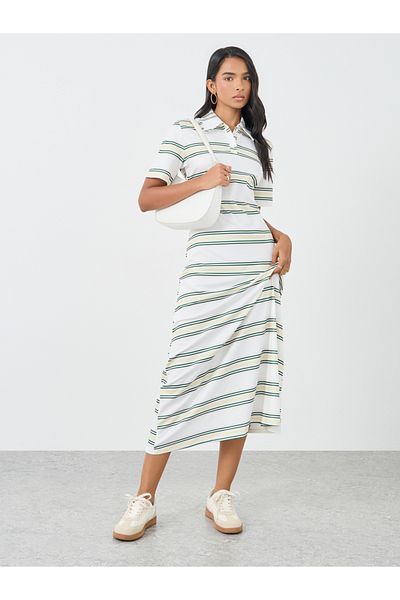 Styli Stripes Short Sleeve Polo Neck Midi Dress