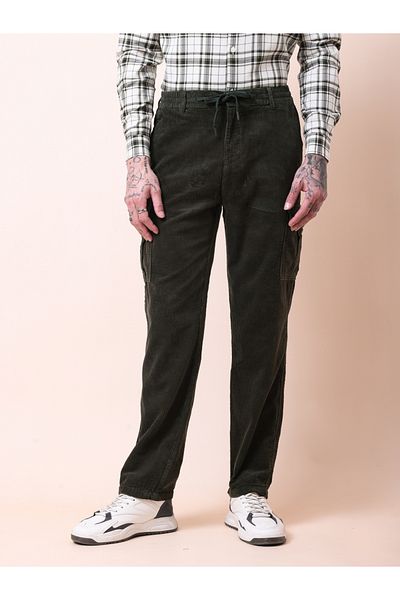 British Club By Styli Men Olive Straight Fit Corduroy Cargo Trousers