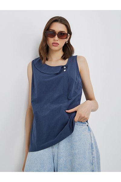 Styli Solid Button Detail Asymmetrical Neck Sleeveless Blouse