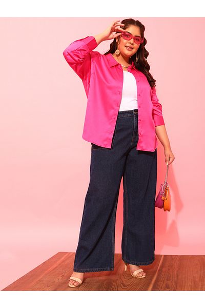 CURVY STREET By Styli Plus Pink Satin Casual Shirt