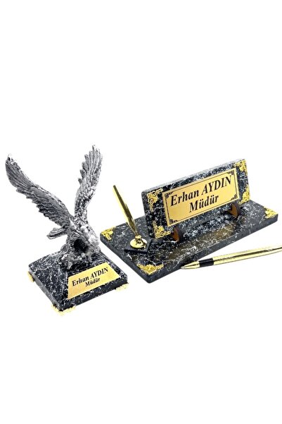hediye arıları Kişiye Özel İmza Kalemli Masa İsimliği - Gri Kartal Heykelli T...
