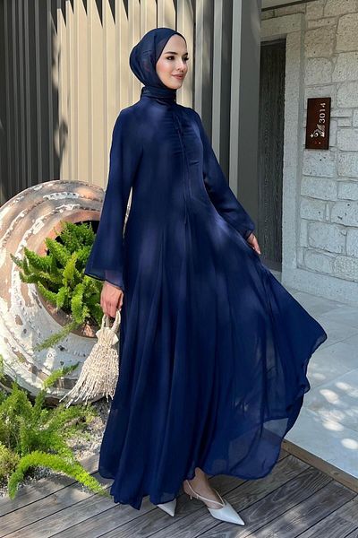 BİNAAR Navy blue chiffon dress with rope detail neckline