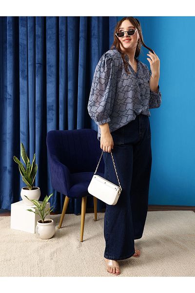 CURVY STREET By Styli Plus Size Printed Balloon Sleeve Ruffled Detail Shirt
