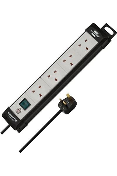 Brennenstuhl كابل تمديد ممتاز بأربعة اتجاهات مع سلك بطول 3 أمتار، أسود/رمادي فاتح، مفتاح مضاء، صنع