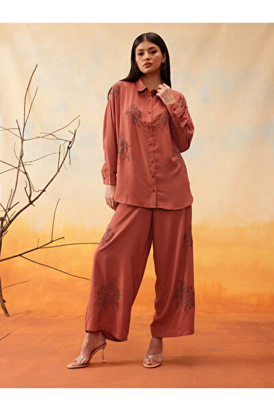 INDO STREET By Styli Embellished Long Sleeve Shirt with Trousers Set