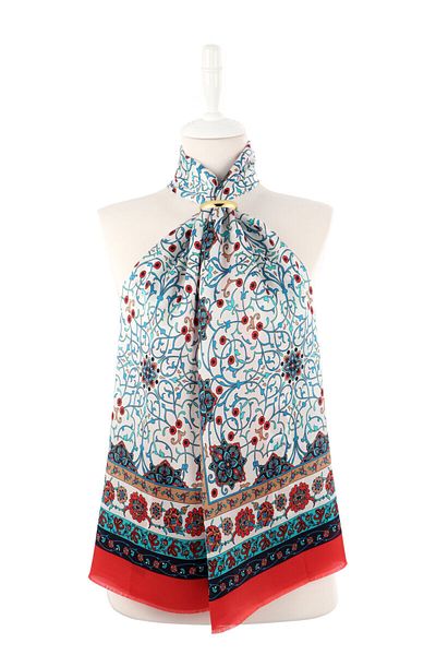 Bursa İpek Red Ivy Pattern Narrow Silk Scarf