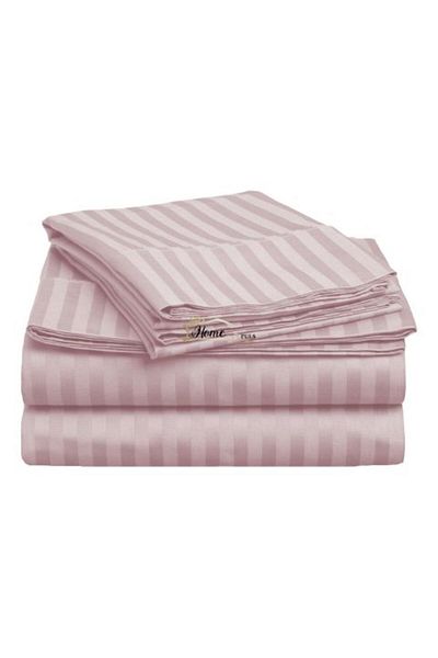 HomePuls Fitted Bed Sheet Damask Cotton 100% Stripes 1 cm, 150 x 250 cm for Mattress 100 x 200 cm, Powder Pin