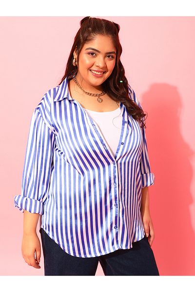 CURVY STREET By Styli Plus Blue Striped Long Sleeve Shirt