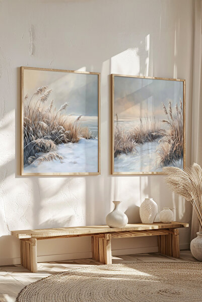 STARYUNA Ahşap çerçeveli 2'li yağlıboya efektli denizli kış manzaralı tablo s...