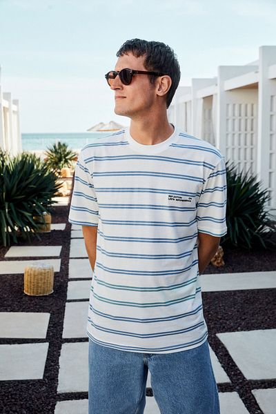 GRIMELANGE Woody Men's 100% Cotton Embroidery Detail Crew Neck Striped Regular Fit White-Blue Striped T-Shirt