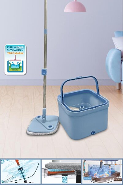 12den Flora Mopigo Set, Döner Başlıklı Temiz ve Kirli Suyu Ayıran Mikrofiber ...