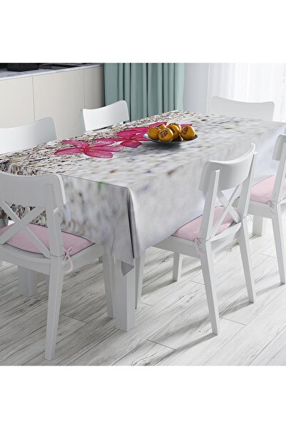 Realhomes Pink Plumeria Pattern Stain Resistant Runner and Tablecloth on White Pebble Ground Digital Printed