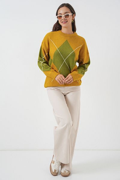 Bigdart 15895 Diamond Patterned Oversize Knitwear Sweater - Mustard