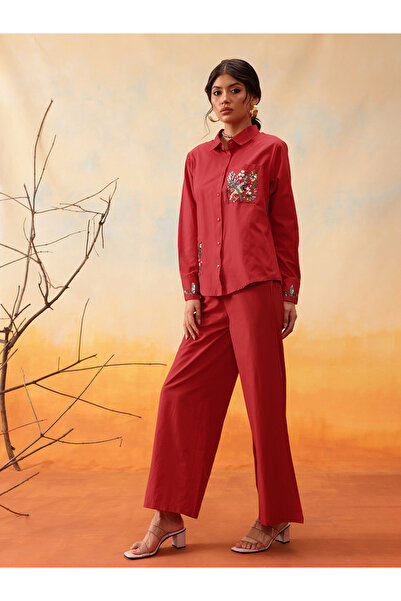 INDO STREET By Styli Red Beaded Embellished Shirt and Trousers Co-Ords