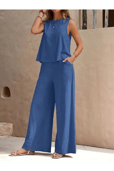 JANES Women's Zero Sleeve Crew Neck Aerobin Blouse and Pants Double Set