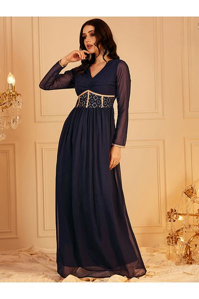 INDO STREET By Styli Navy Blue Embellished Flared Ethnic Maxi Dress