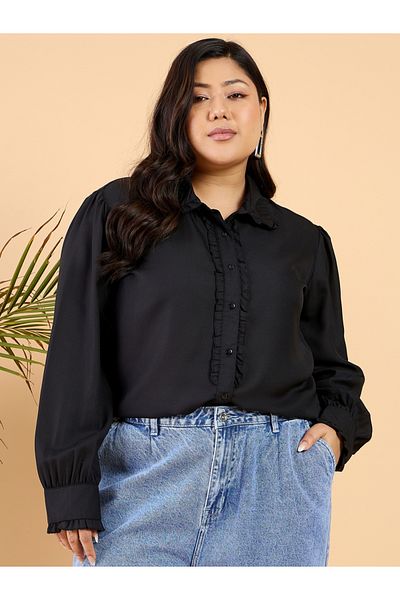 CURVY STREET By Styli Plus Size Black Ruffle Front Long Sleeve Shirt