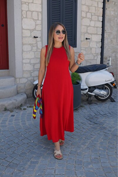 Genel Markalar Fashion kırmızı sıfır kollu bisiklet yaka trend kadın yazlık elbise