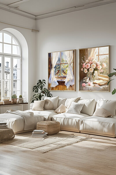 STARYUNA Ahşap çerçeveli Yağlı boya efektli kuşlu çiçekli romantik 2'li tablo seti Yuna241