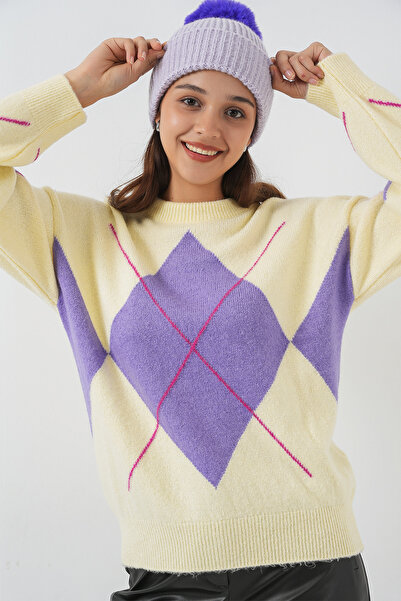 Bigdart 15895 Diamond Patterned Oversize Knitwear Sweater - Yellow