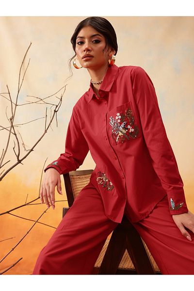 INDO STREET By Styli Red Beaded Embellished Shirt and Trousers Co-Ords