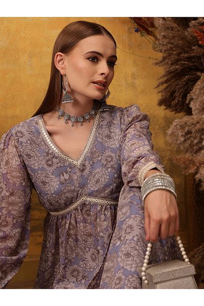 INDO STREET By Styli Purple Floral Print Angrakha Mirror Work Kurti and Palazzos Set