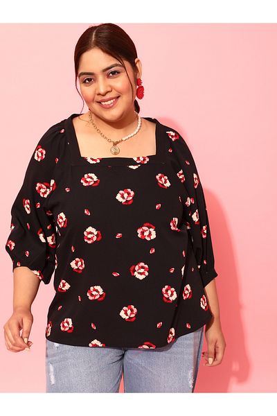 CURVY STREET By Styli Plus Black Floral Top with Square Neck