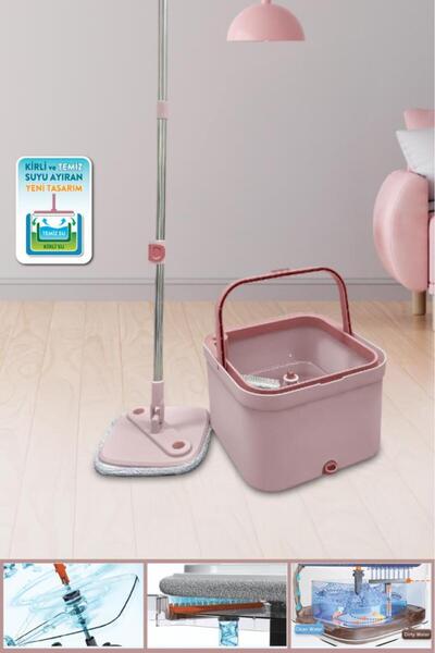 12den Flora Mopigo Set, Döner Başlıklı Temiz ve Kirli Suyu Ayıran Mikrofiber Kare Temizlik Mop Seti Pembe