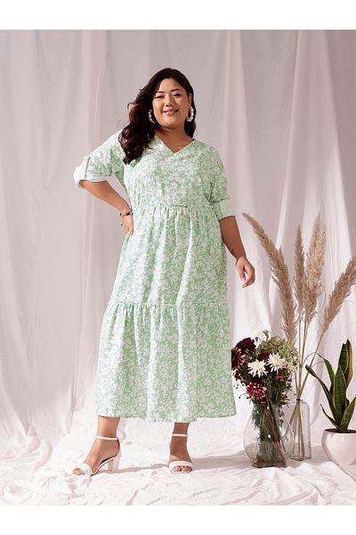 CURVY STREET By Styli Plus Green Tiered Maxi Dress with All Over Print