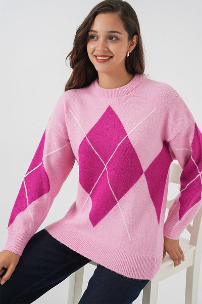 Bigdart 15895 Diamond Patterned Oversize Knitwear Sweater - D.Pink