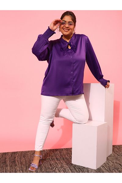 CURVY STREET By Styli Plus Size Solid Tie-Up Neck Shirt