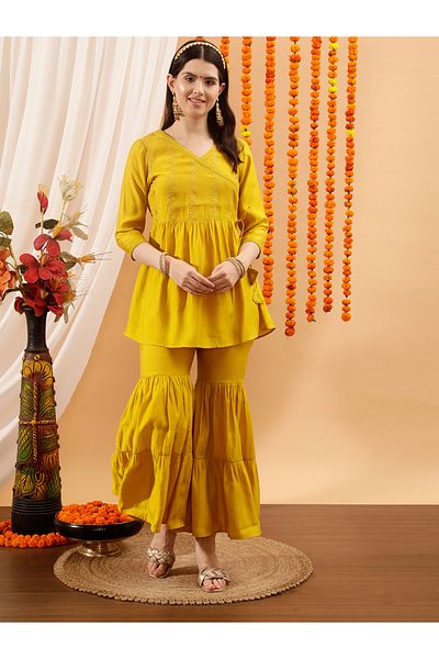 INDO STREET By Styli Yellow Yoke Design Thread Work Sequined Angrakha Kurti and Sharara Set