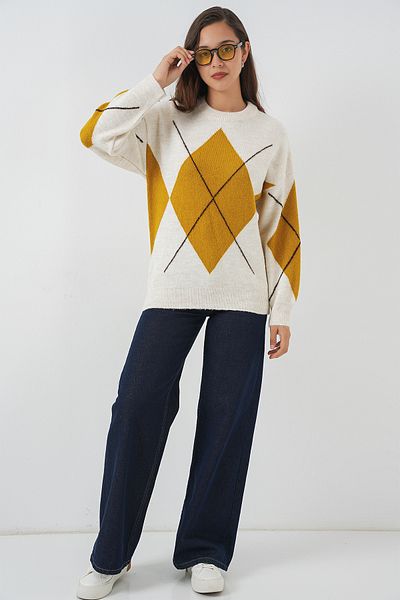 Bigdart 15895 Diamond Patterned Oversize Knitwear Sweater - A.Ekru