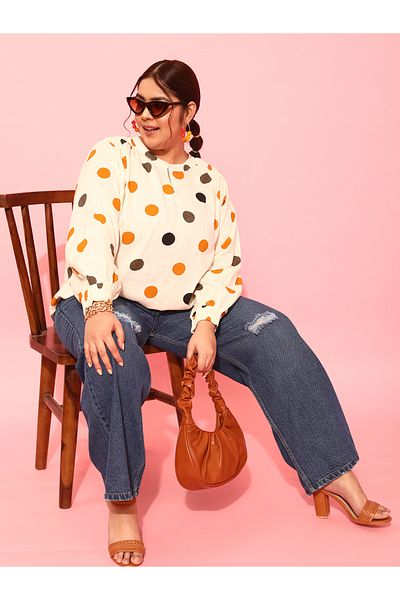CURVY STREET By Styli Plus Size Polka Dots Print Balloon Sleeve Top