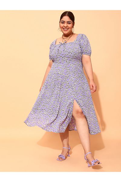 CURVY STREET By Styli Plus Size Floral Printed Square Neck A-Line Midi Dress