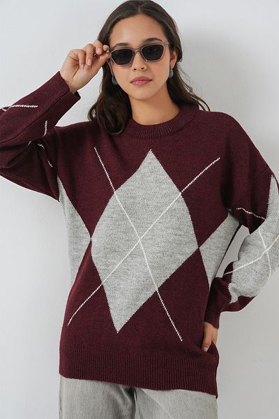 Bigdart 15895 Diamond Patterned Oversize Knitwear Sweater - Y.Burgundy