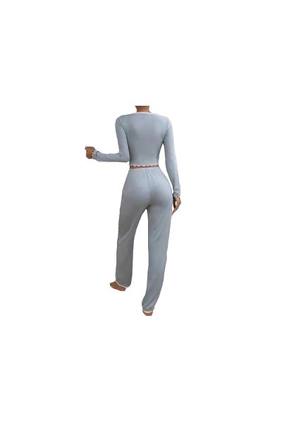SOLOBUY Outlet Pyjama Sets Women Solid Pattern Crop Tops V Neck Long Sleeve Shirts Ruffles Pants, Color Ligh