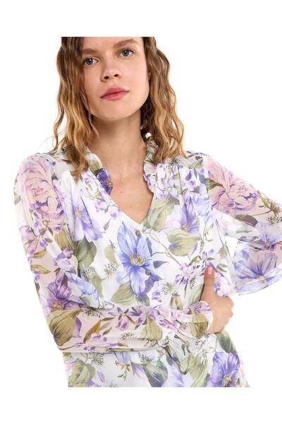 R&B Floral Print Top with V-Neck and Long Sleeves
